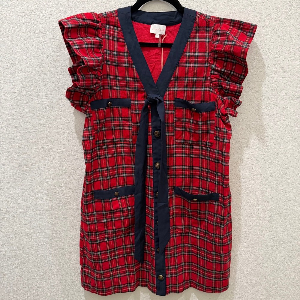 Entro Red Plaid Ruffle Sleeve Mini Dress Navy Bow Accent Gold Button Front L